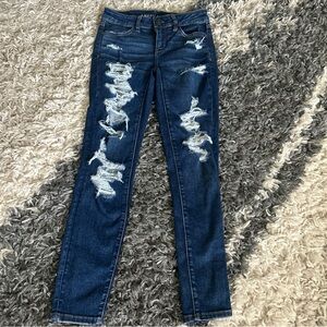 American Eagle Women's Ripped HiRise Jegging  Stretch Blue Jean Sz 0 Short EUC